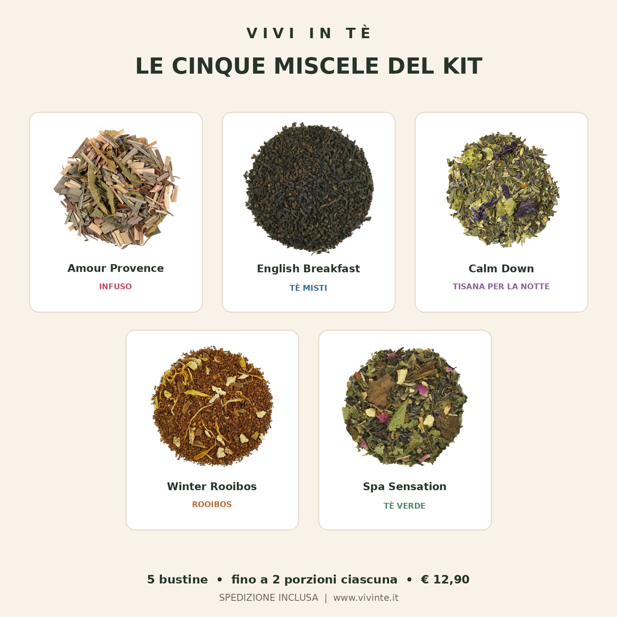 Le cinque miscele del Kit Degustazione Vivi in Tè